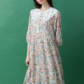 [Natural Garden] MADE N Big Flower Puff Pleated Dress_High-quality materials, back button points, signature products_ Made in KOREA